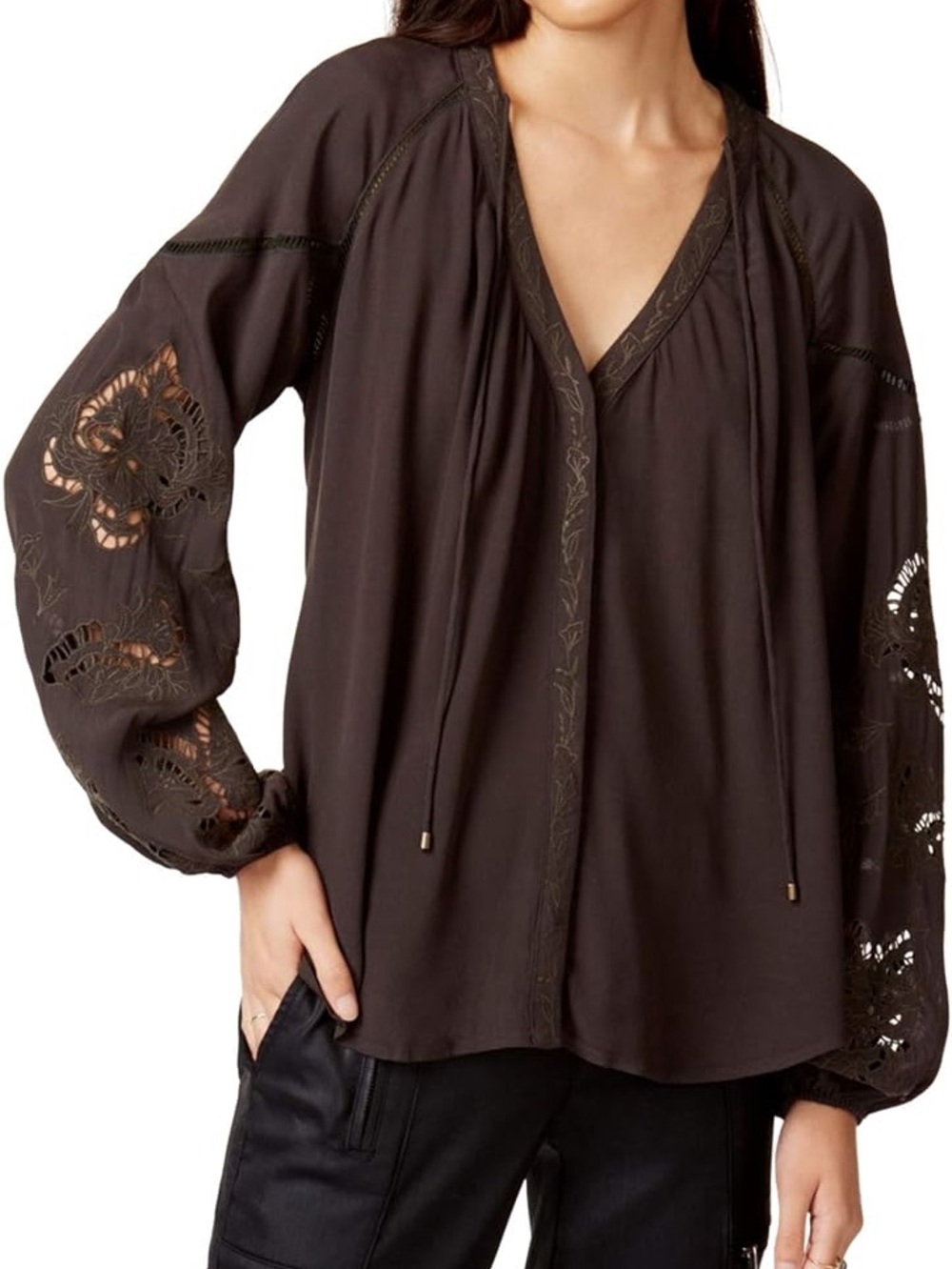 Astr Brown/Grey Floral Embroidered Blouse